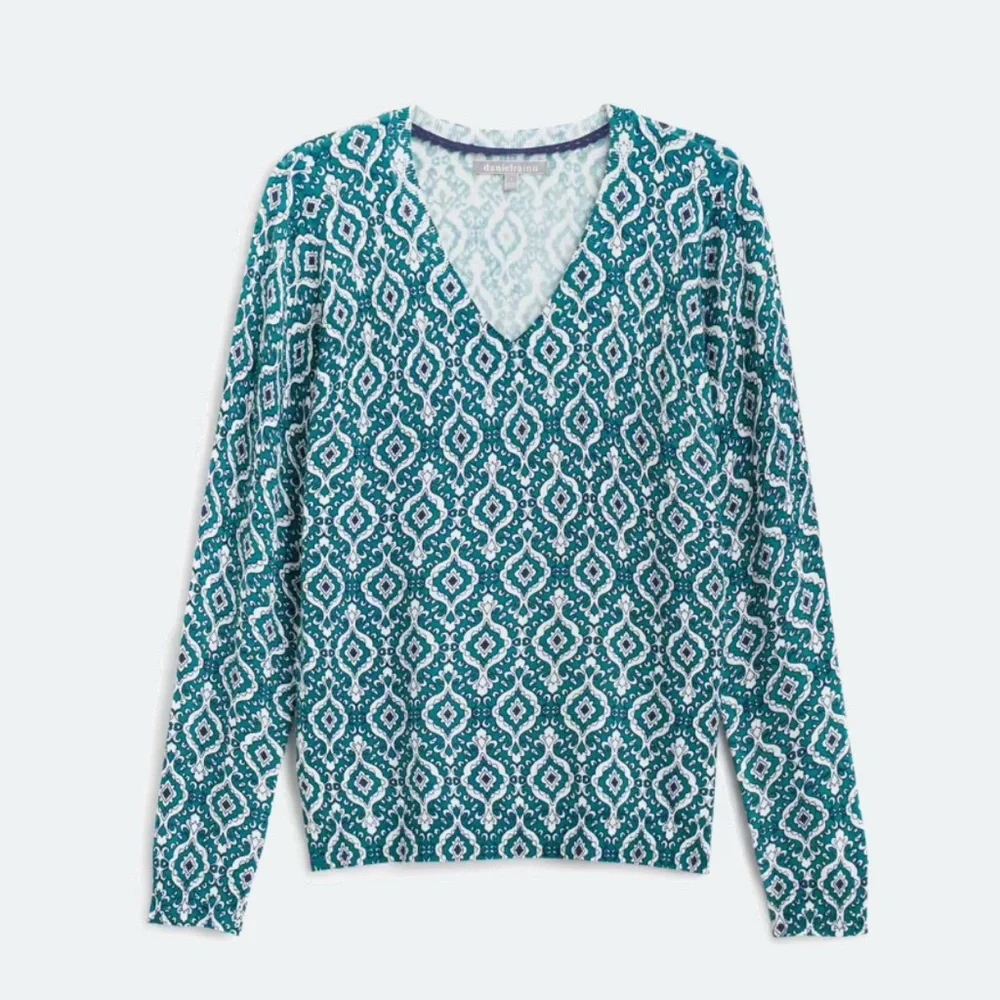 Daniel Rainn Aria Paisley Teal and White V-Neck Pullover Sweater XL